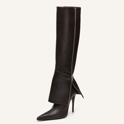Brown Pointed Toe Stiletto Heel Fold-Over Knee High Boots with Zipper