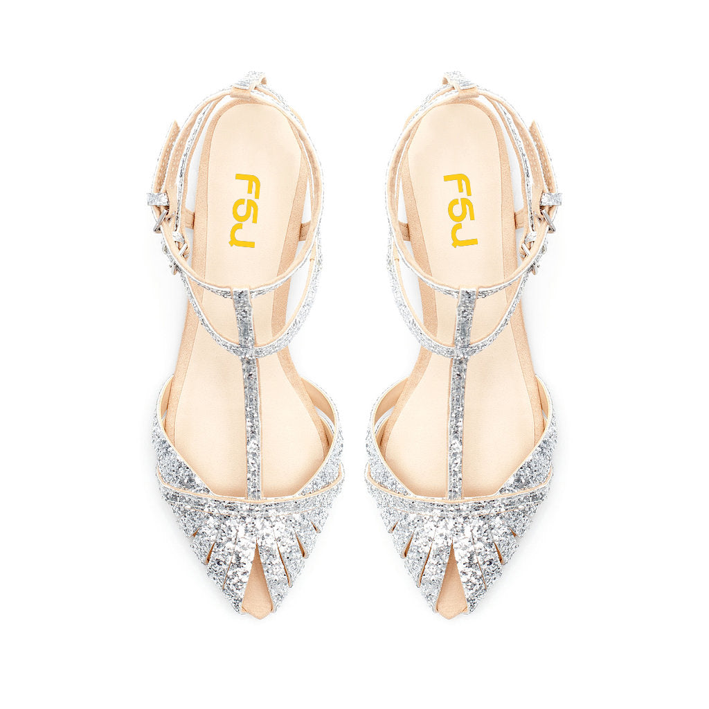 Silver Glitter Wedding Flats Pointed Toe Cut Out T-Strap Sandals