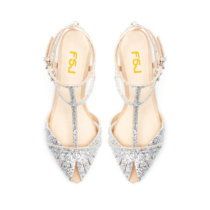 Silver Glitter Wedding Flats Pointed Toe Cut Out T-Strap Sandals