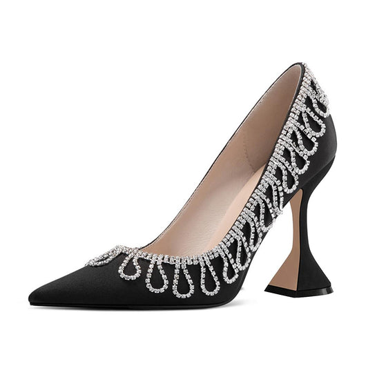 Women's Elegant Pointed Toe Rhinestone Fringe Flared Heel Black Pumps