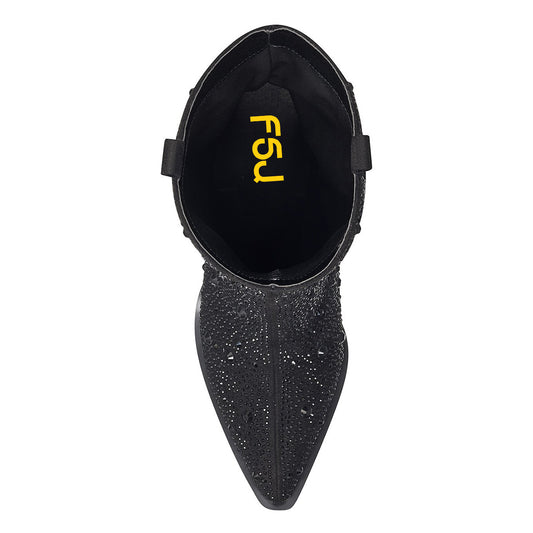 Black Rhinestone Mid Calf Western Boots