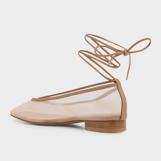 Chic Mesh Closed Square Toe Ankle Wrap Ballet Flats in Nude