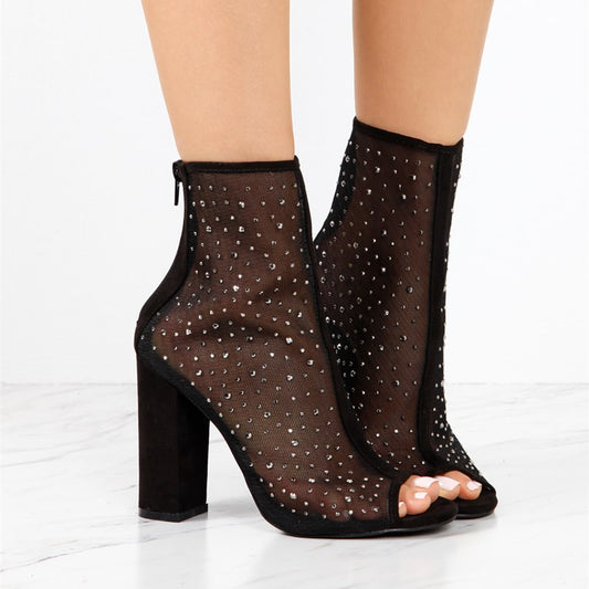 Women's Black Mesh Chunky Heel Rhinstone Peep Toe Ankle Boots
