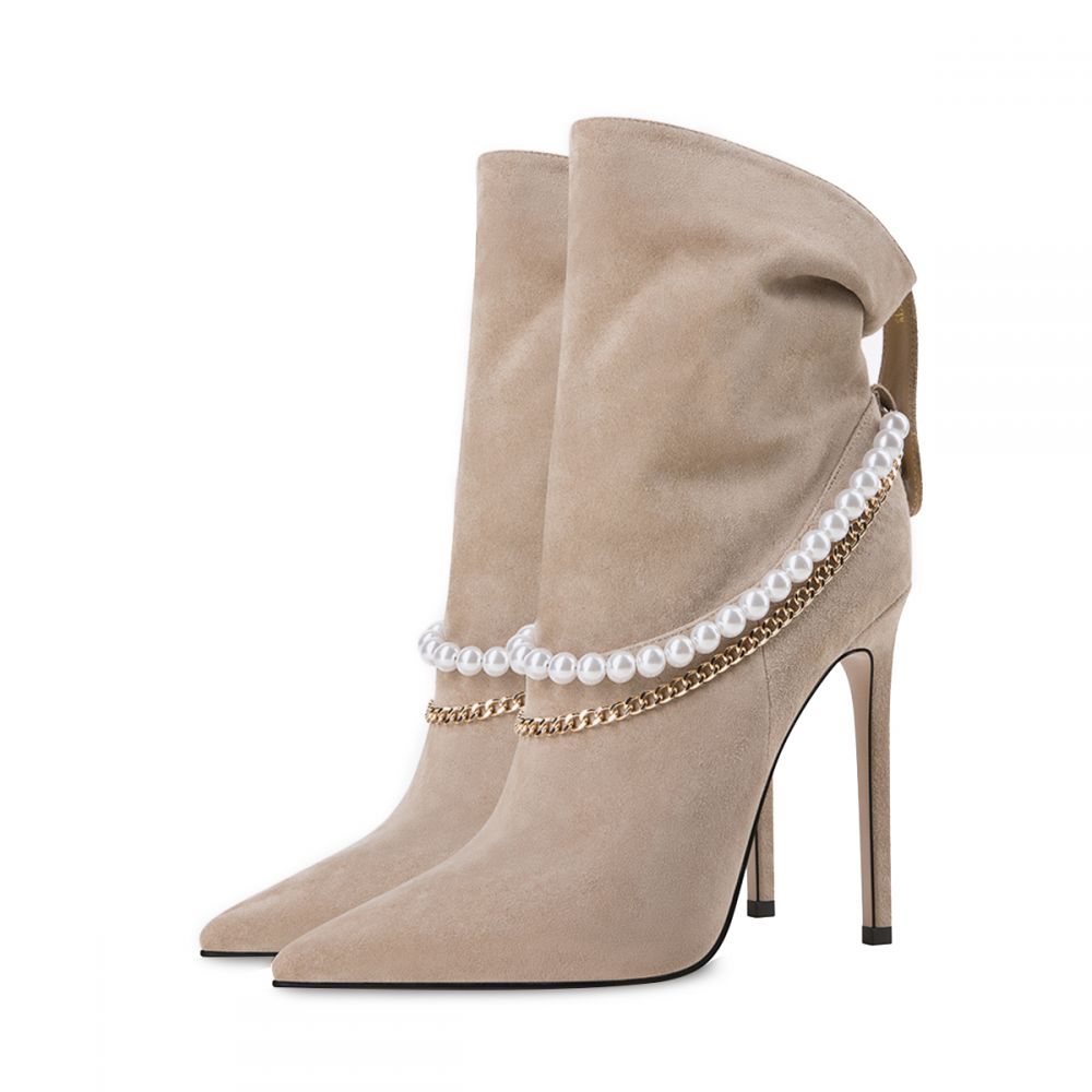 Beige Vegan Suede Pointed Toe Chain Slouchy Ankle Boots with Pearl