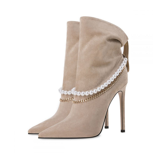 Beige Vegan Suede Pointed Toe Chain Slouchy Ankle Boots with Pearl