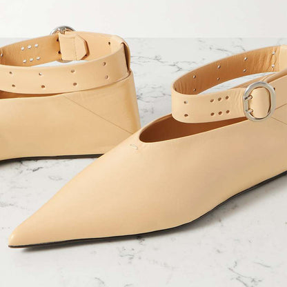 Nude Comfortable Pointed Toe Ankle Strap Flats for Women