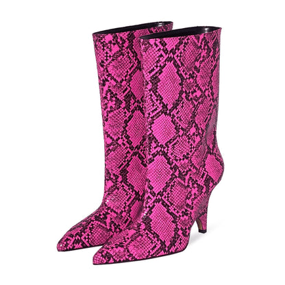 Fuchsia Snakeskin Print Pointy Toe Wedge Heel Tubular Mid Calf Boots