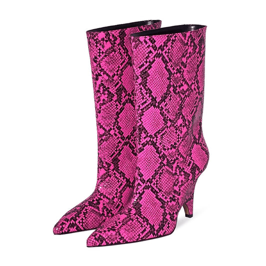 Fuchsia Snakeskin Print Pointy Toe Wedge Heel Tubular Mid Calf Boots