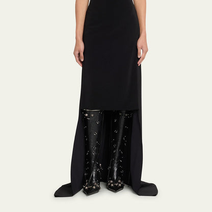 Black Pointed Toe Studded Buckled Knee High Boots with Ring-Piercing