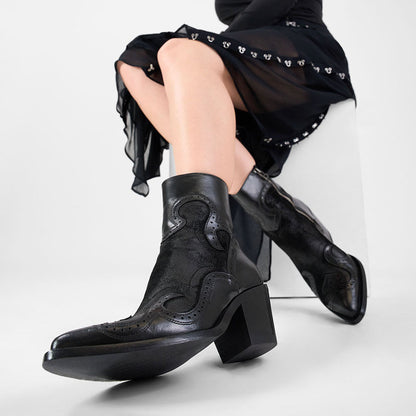 Black Patchwork Pointed Toe Perforated Block Heel Zip Ankle Boots