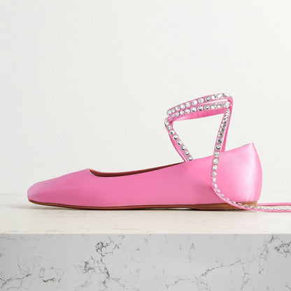 Pink Satin Square Toe Wedding Shoes Rhinestone Strappy Ballet Flats