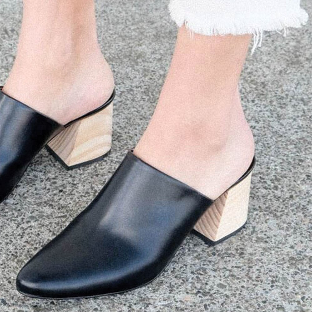 Women's Black Block Heel Pointed Toe Mules Shoes