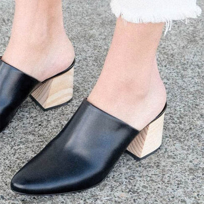 Women's Black Block Heel Pointed Toe Mules Shoes