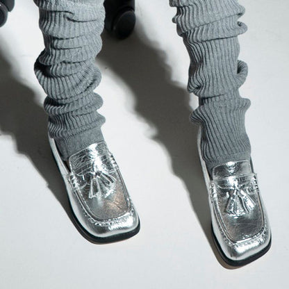 Silver Square Toe Chunky Heel Formal Loafers