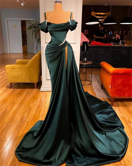 Elegant Mermaid Spaghetti Strap Prom Dress Pleated High Slit Evening Gown Party Dress Long Formal Dress TP4815
