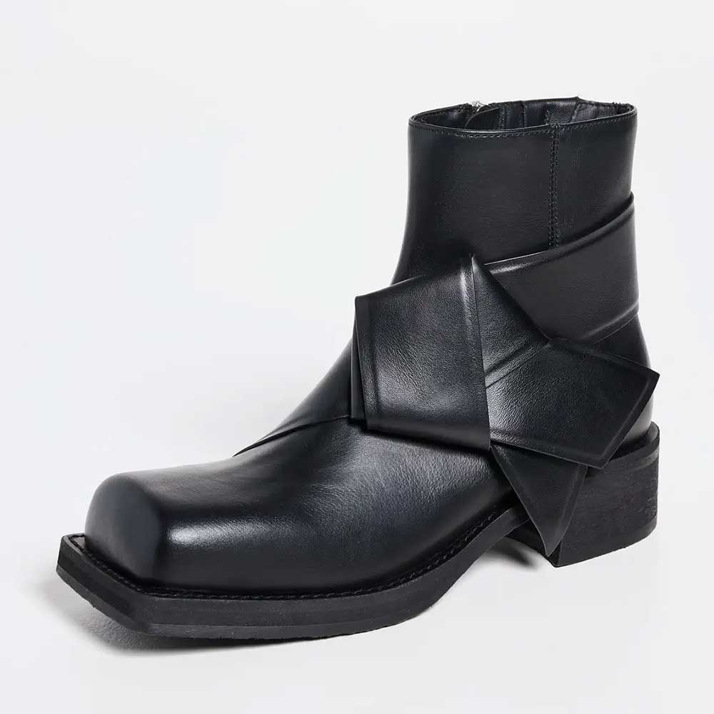 Black Square Toe Side-Zipper Ankle Boots with Front Twisted Knot
