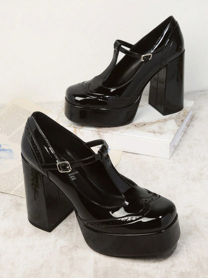 Black Patent Leather Closed Toe Chunky Heel T-Strap Platform Loafers