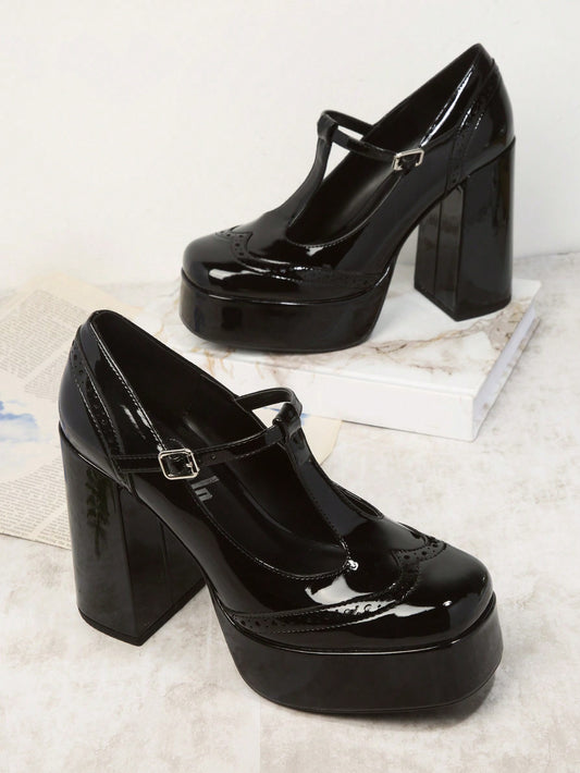 Black Patent Leather Closed Toe Chunky Heel T-Strap Platform Loafers