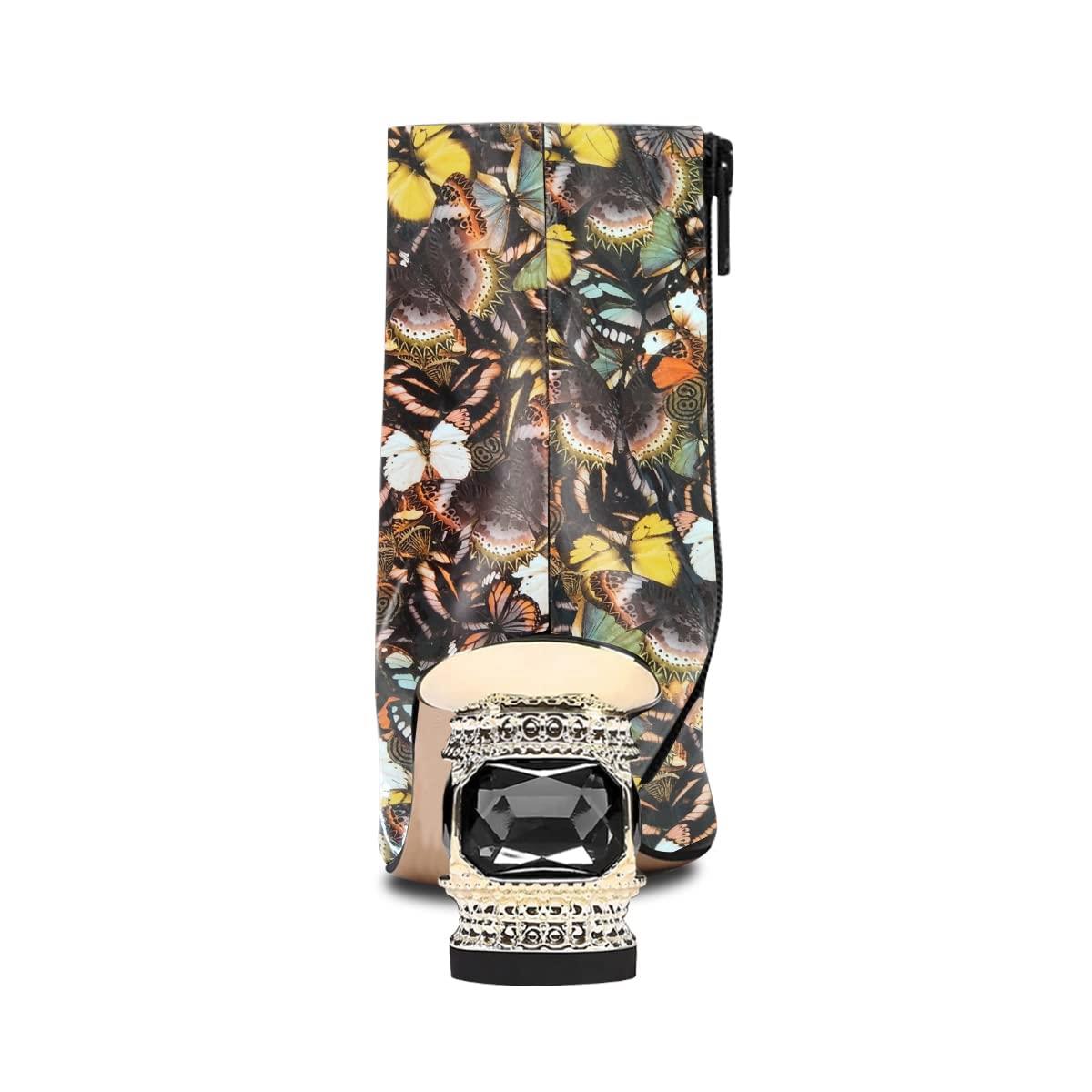 Women's Butterfly Print Closed Toe Decorative Heel Ankle Boots