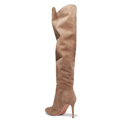 Khaki Vegan Suede Stiletto Heel Knee High Boots