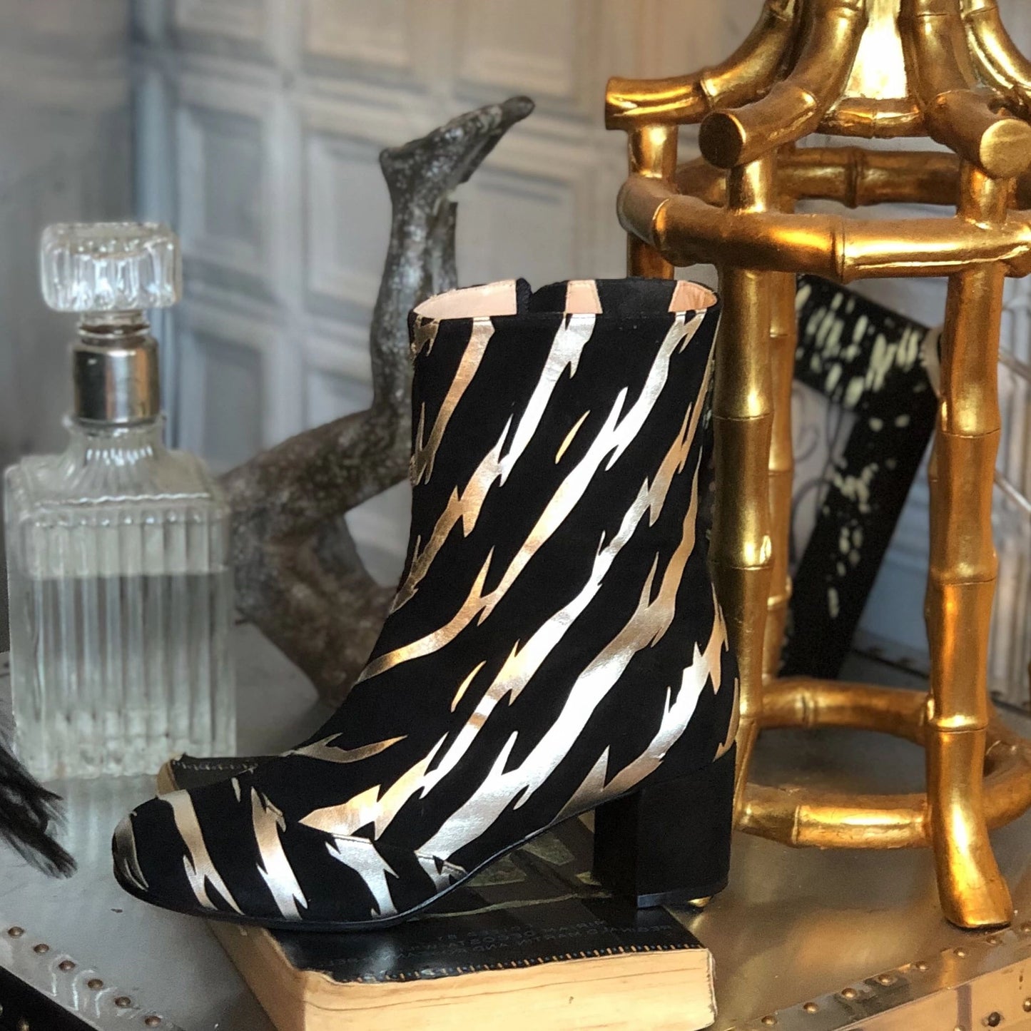 Black & Champagne Block Heel Round Toe Ankle Boots