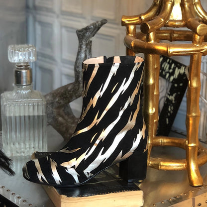 Black & Champagne Block Heel Round Toe Ankle Boots