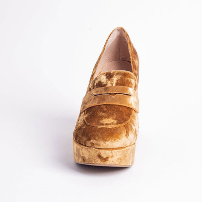 Classy Gold Velvet Block Heel Round Toe Platform Loafers Women