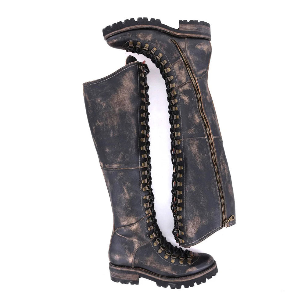 Black Distressed Round Toe Lace-Up Flat Knee High Boots for Women