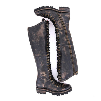 Black Distressed Round Toe Lace-Up Flat Knee High Boots for Women
