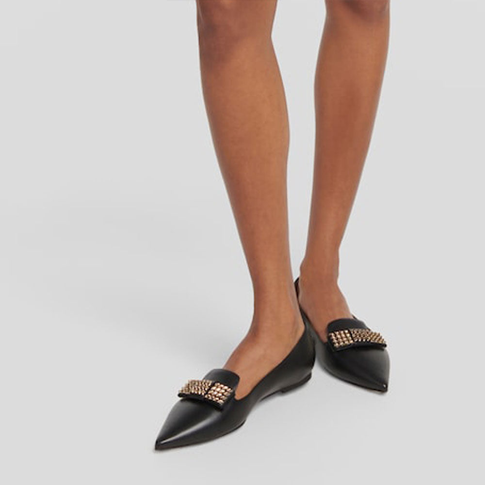 Black Slip-on Women's Shoes Pointed Toe Flats with Studded Bow