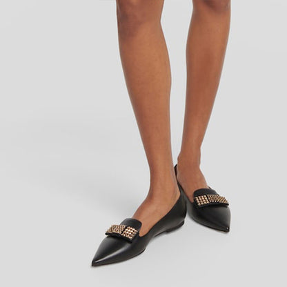 Black Slip-on Women's Shoes Pointed Toe Flats with Studded Bow