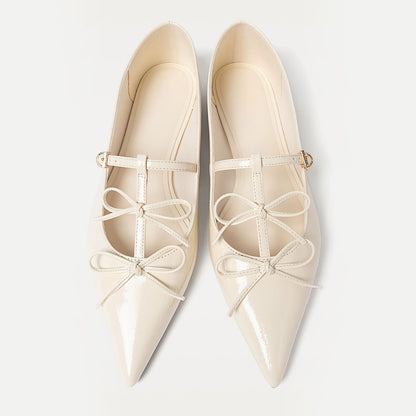 FSJ Ivory Bow Decor Buckle Strap Elegant Pointed Toe Flats