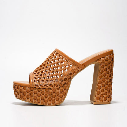 Brown Round Toe 4'' Chunky Heel Woven Wide Band Platform Mules
