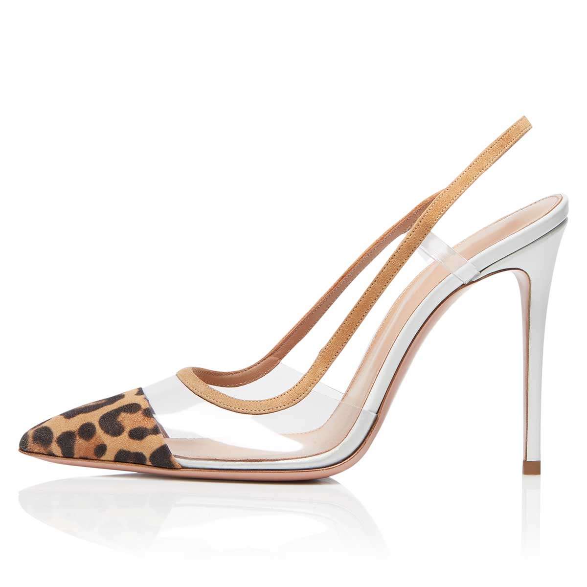 Women's Leopard Print Clear Heels Pointed Toe Slingback Pumps