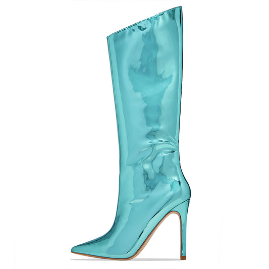 Blue Mirror Leather Pointed Toe Stiletto Heel Knee High Boots