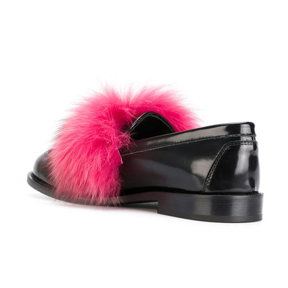Black Round Toe Pink Faux Fur Trim Flats Women's Loafers