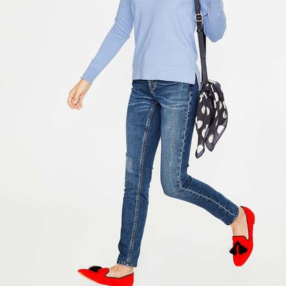 Coral Red Vegan Suede Loafers for Women Pointy Toe Flats with Fringes