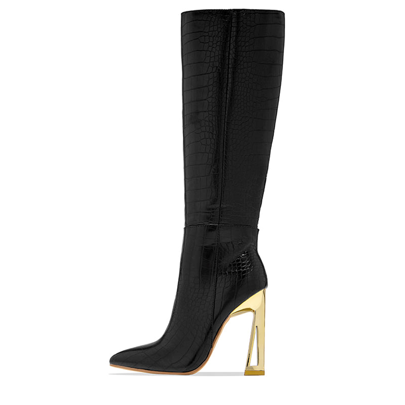 Black Crocodile Embossed Closed Toe Sculptural Heel Knee High Boots