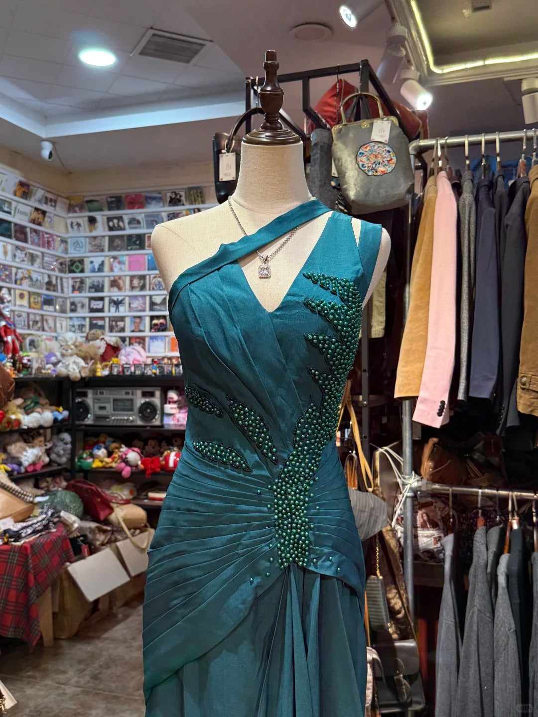 Elegant Peacock Green One-Shoulder Pearl Ribbon Satin Long Prom Dress Evening Gown P4151