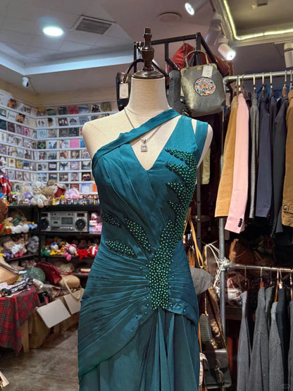 Elegant Peacock Green One-Shoulder Pearl Ribbon Satin Long Prom Dress Evening Gown P4151