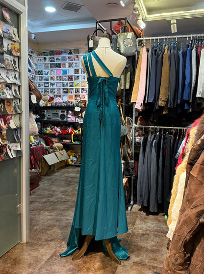 Elegant Peacock Green One-Shoulder Pearl Ribbon Satin Long Prom Dress Evening Gown P4151