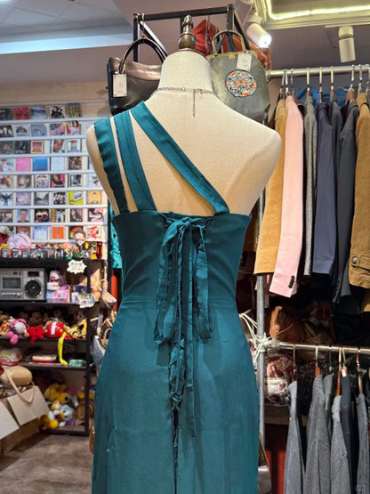 Elegant Peacock Green One-Shoulder Pearl Ribbon Satin Long Prom Dress Evening Gown P4151