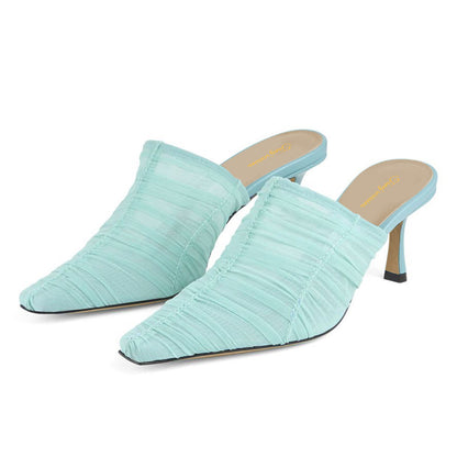 Women's Pale Turquoise Tulle Pointed Toe Casual Stiletto Heeled Mules