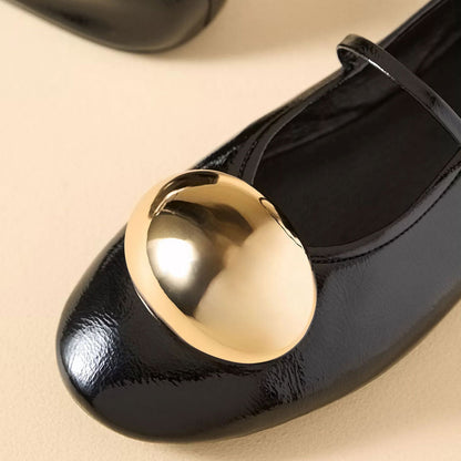 FSJ Comfortable Black Round Toe Gold Oval Ornament Ballet Flats