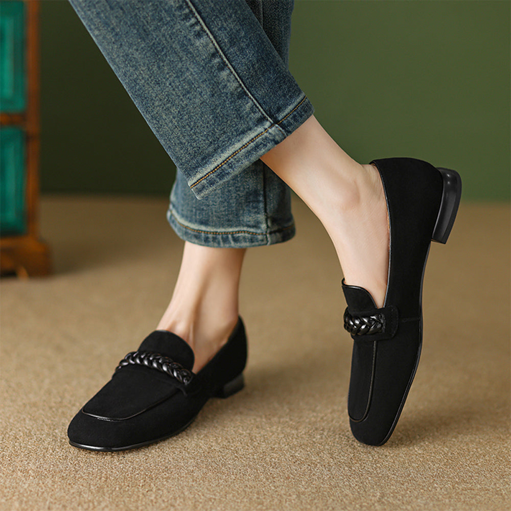 Black Vegan Suede Square Toe Chunky Heel Chain Loafers