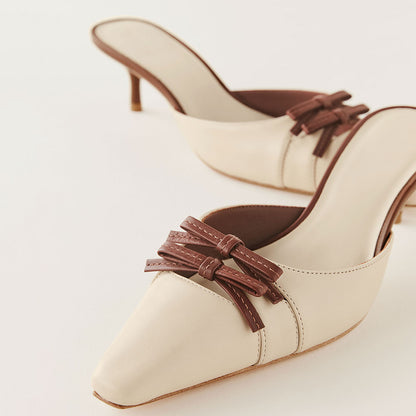 Beige Snip Toe Kitten Heel Double Bows Accent Womens Mules Shoes