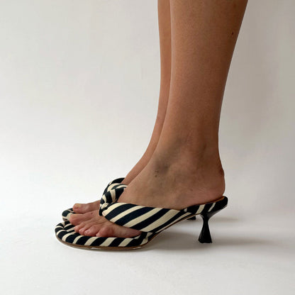 Black and Ivory Stripes Open Toe Flared Heel Mules Sandals