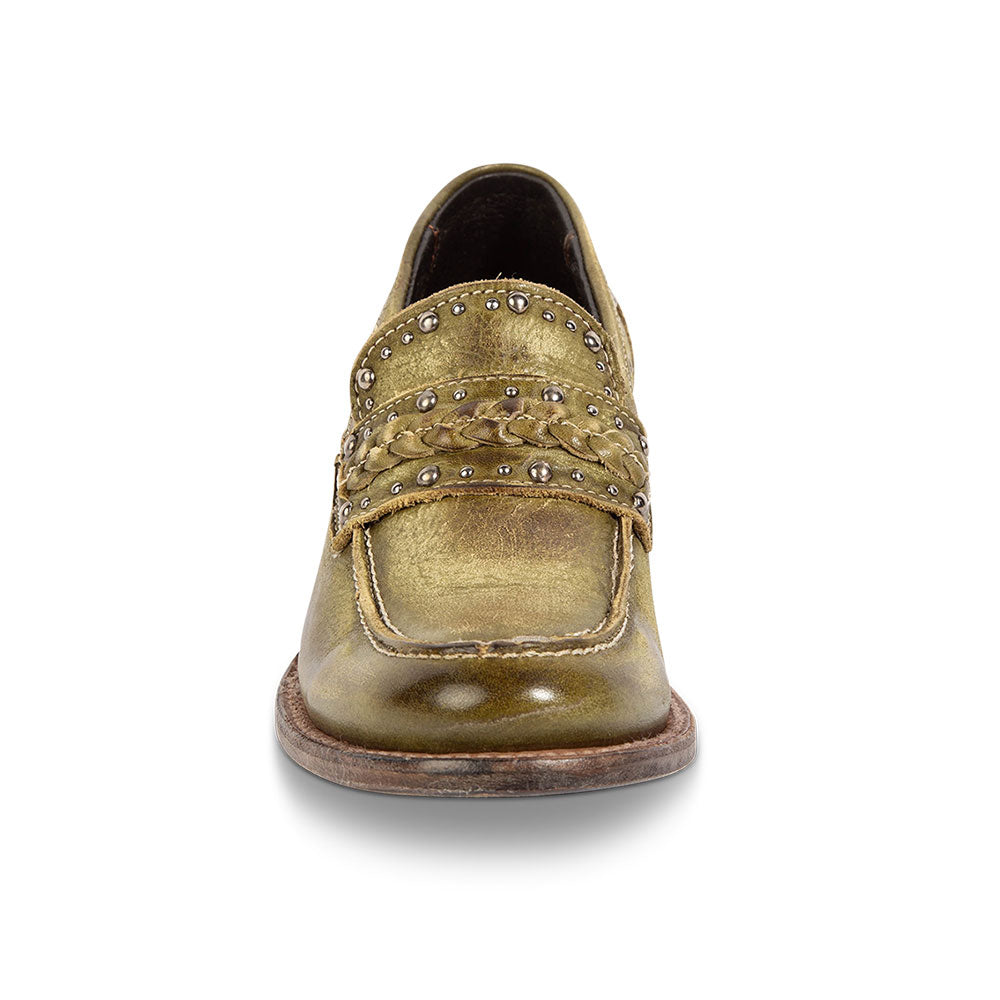 Distressed Olive Green Round Toe Block Heel Studded Women's Loafers