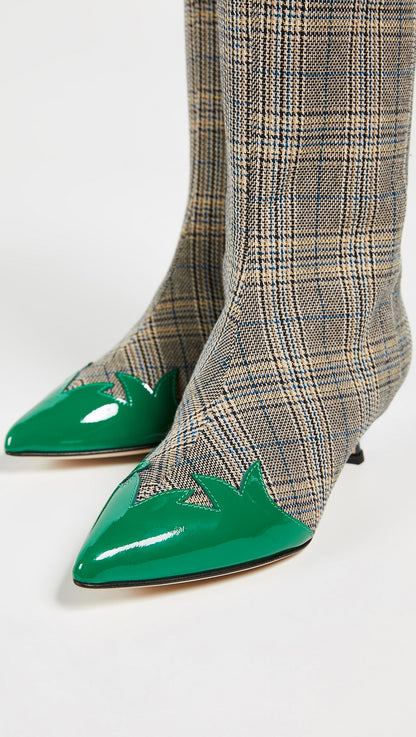 Grey Plaid Fabric Kitten Heel Green Pointy Toe Mid Calf Boots