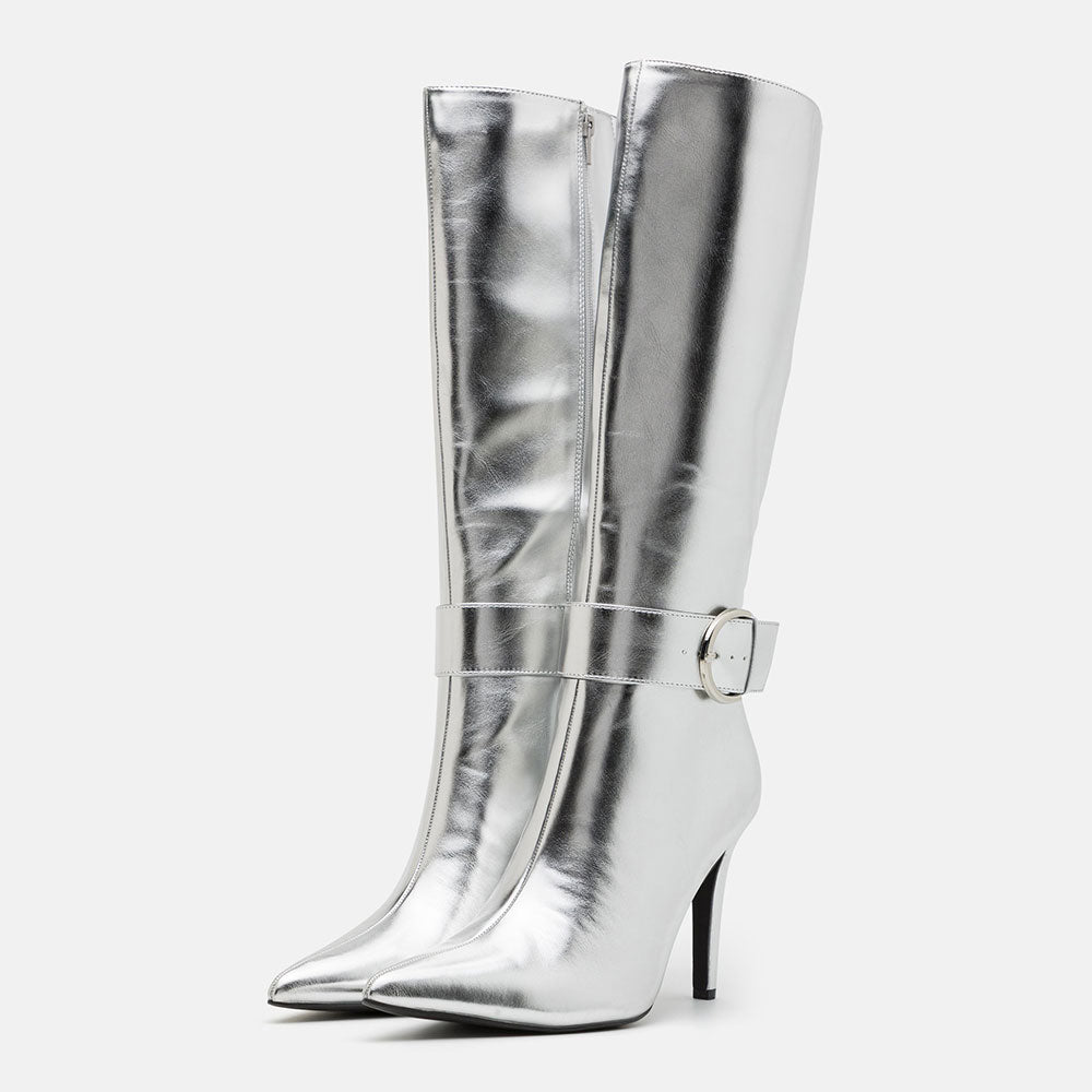 Silver Stiletto Heel Zipper Pointed Toe Buckle Strap Mid Calf Boots